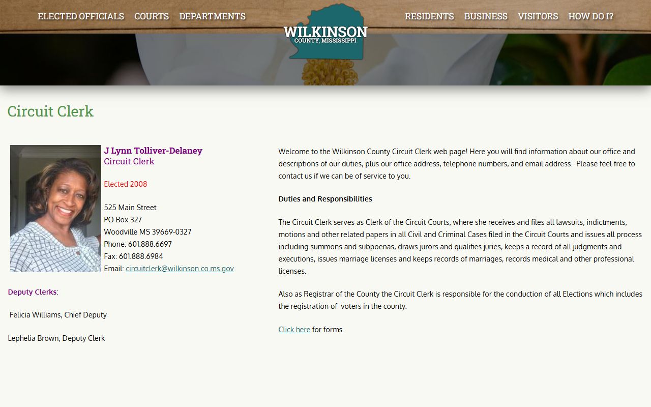 Wilkinson County Circuit Clerk office contact details on the official county page
