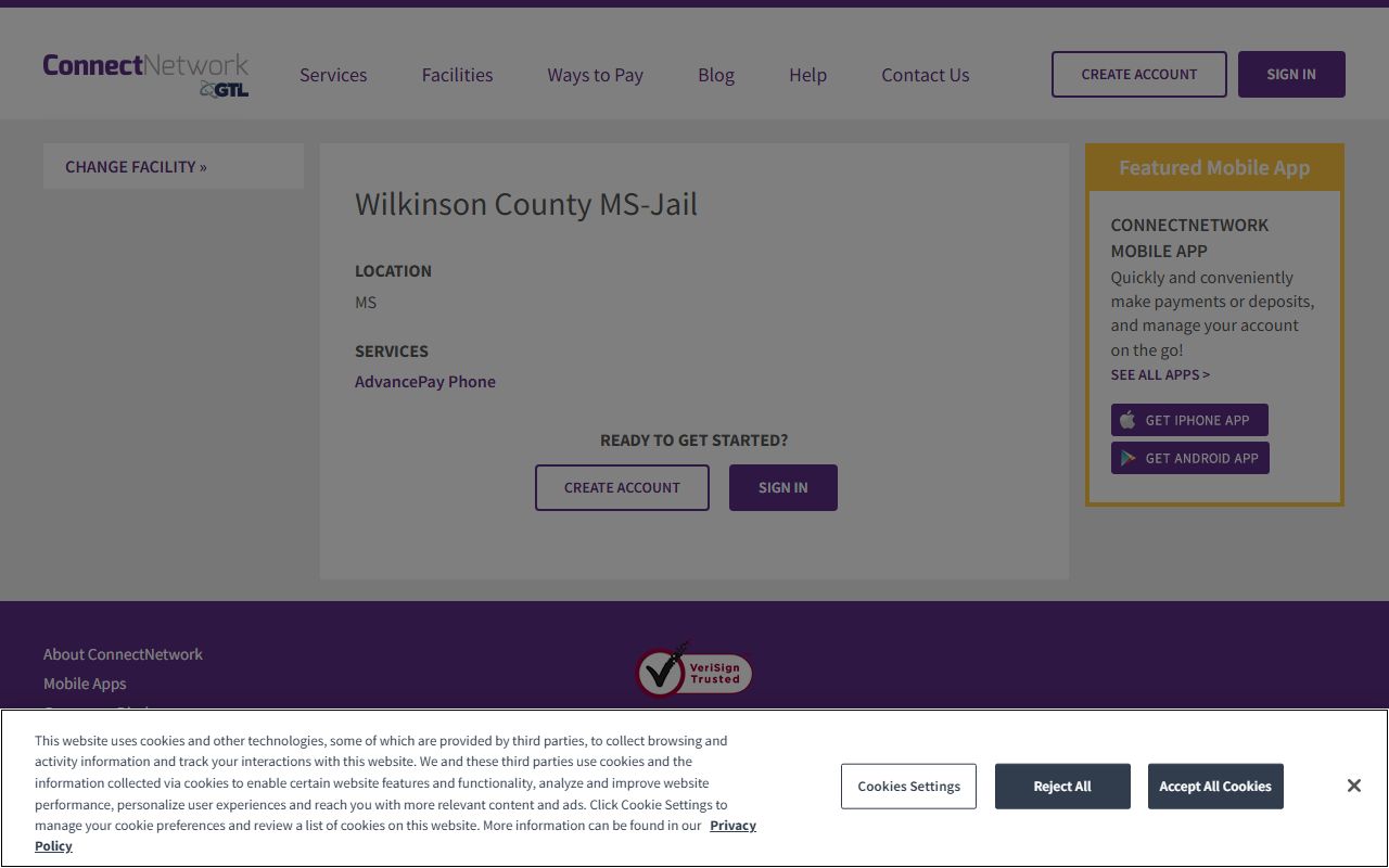 Wilkinson County arrest records ConnectNetwork jail facility account page