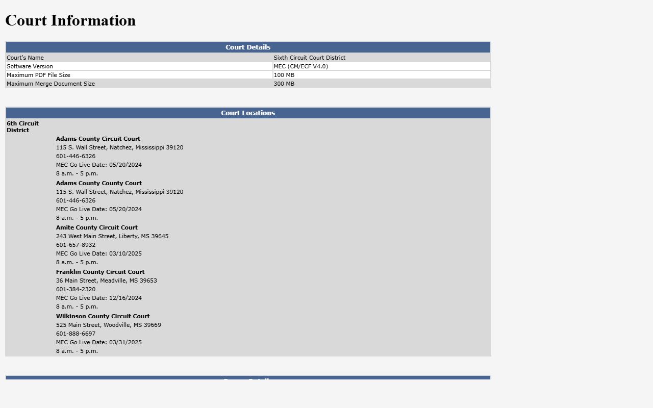 Wilkinson County court dockets information on the MEC Sixth Circuit Court District CourtInfo page
