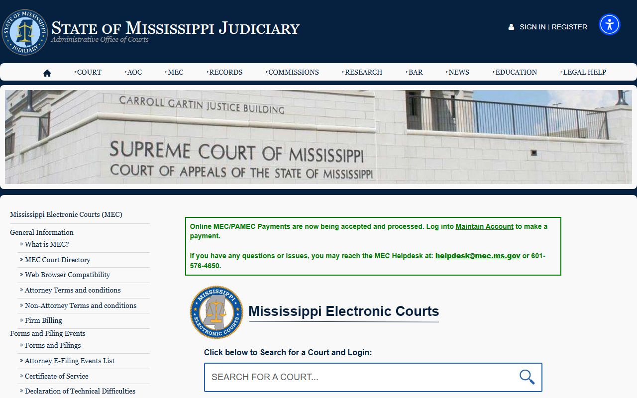 Wilkinson County court dockets statewide access on the Mississippi Judiciary MEC landing page