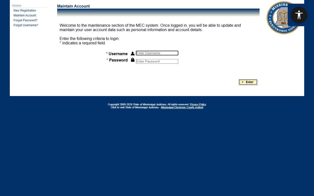 Wilkinson County court dockets PAMEC account login and registration interface