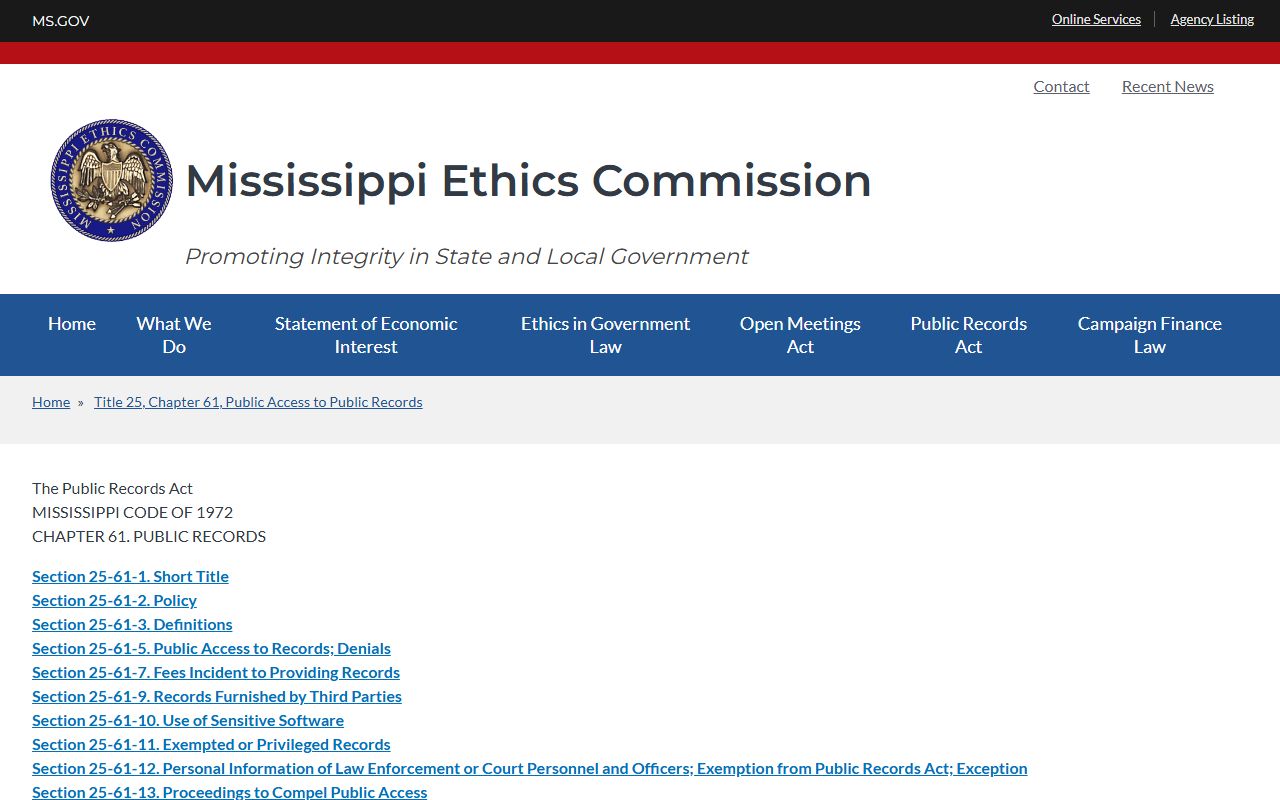 Wilkinson County court records public access guidance on the Mississippi Ethics Commission Public Records Act page