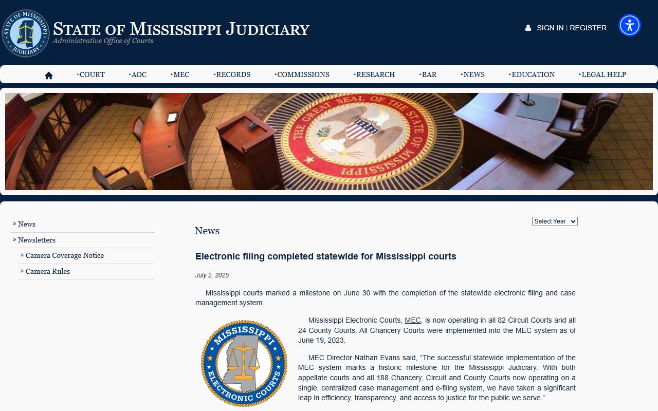 Wilkinson County court records electronic filing announcement from the Mississippi Judiciary