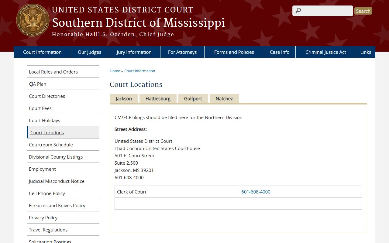 Wilkinson County federal court records courthouse list on the Southern District of Mississippi court locations page