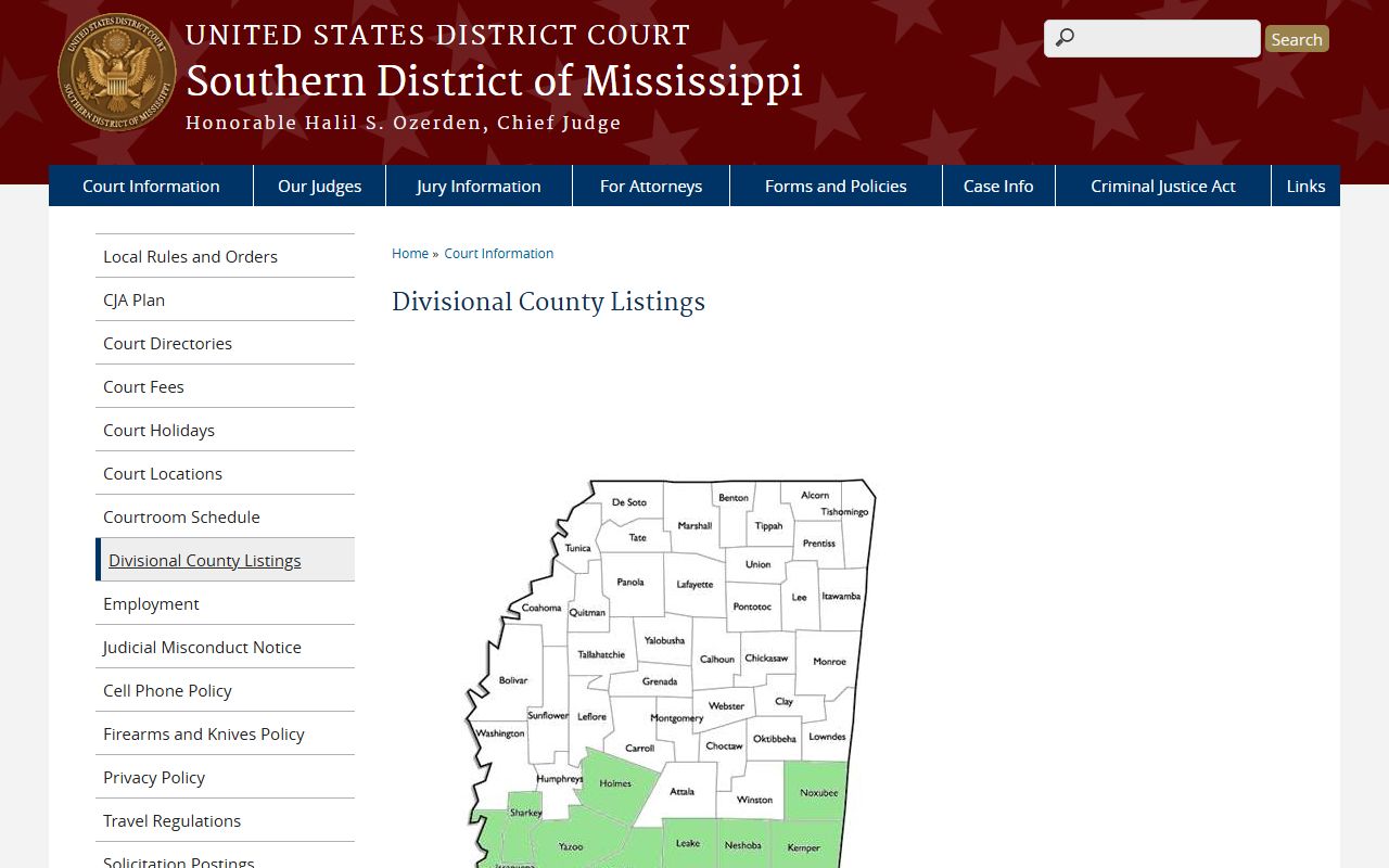 Wilkinson County federal court records division assignment on the Southern District of Mississippi divisional county listing