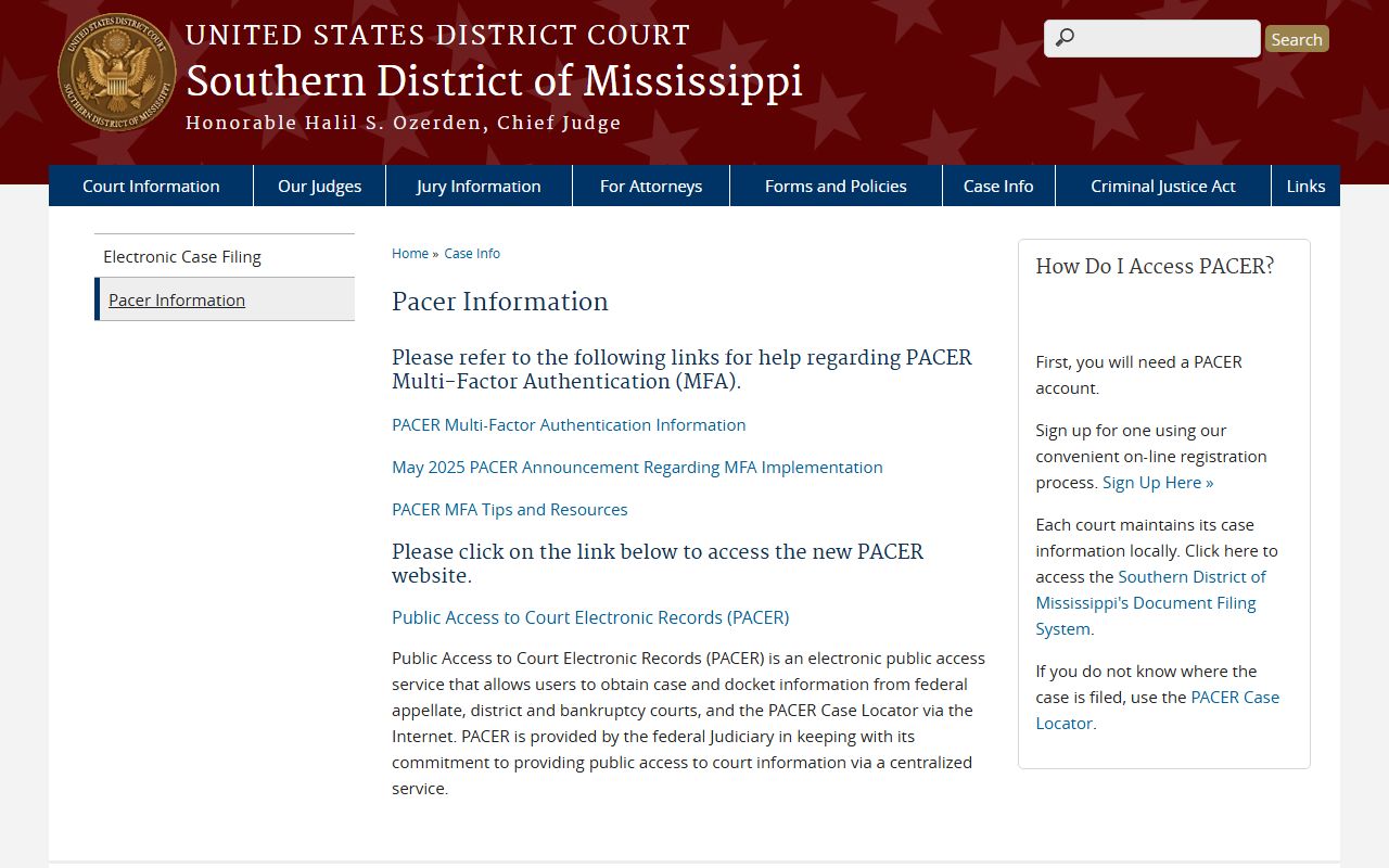 Wilkinson County federal court records access steps on the Southern District of Mississippi PACER information page