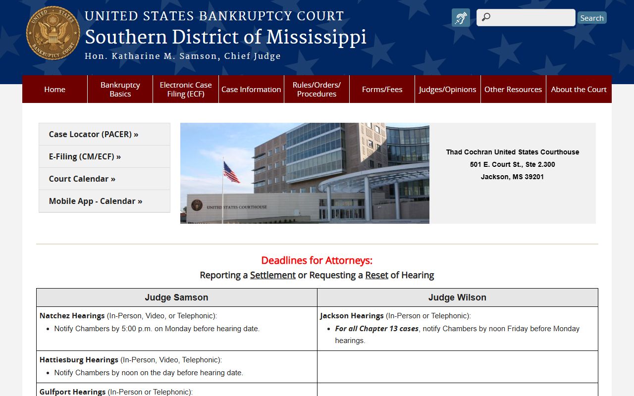 Wilkinson County federal court records bankruptcy access on the U.S. Bankruptcy Court for the Southern District of Mississippi homepage