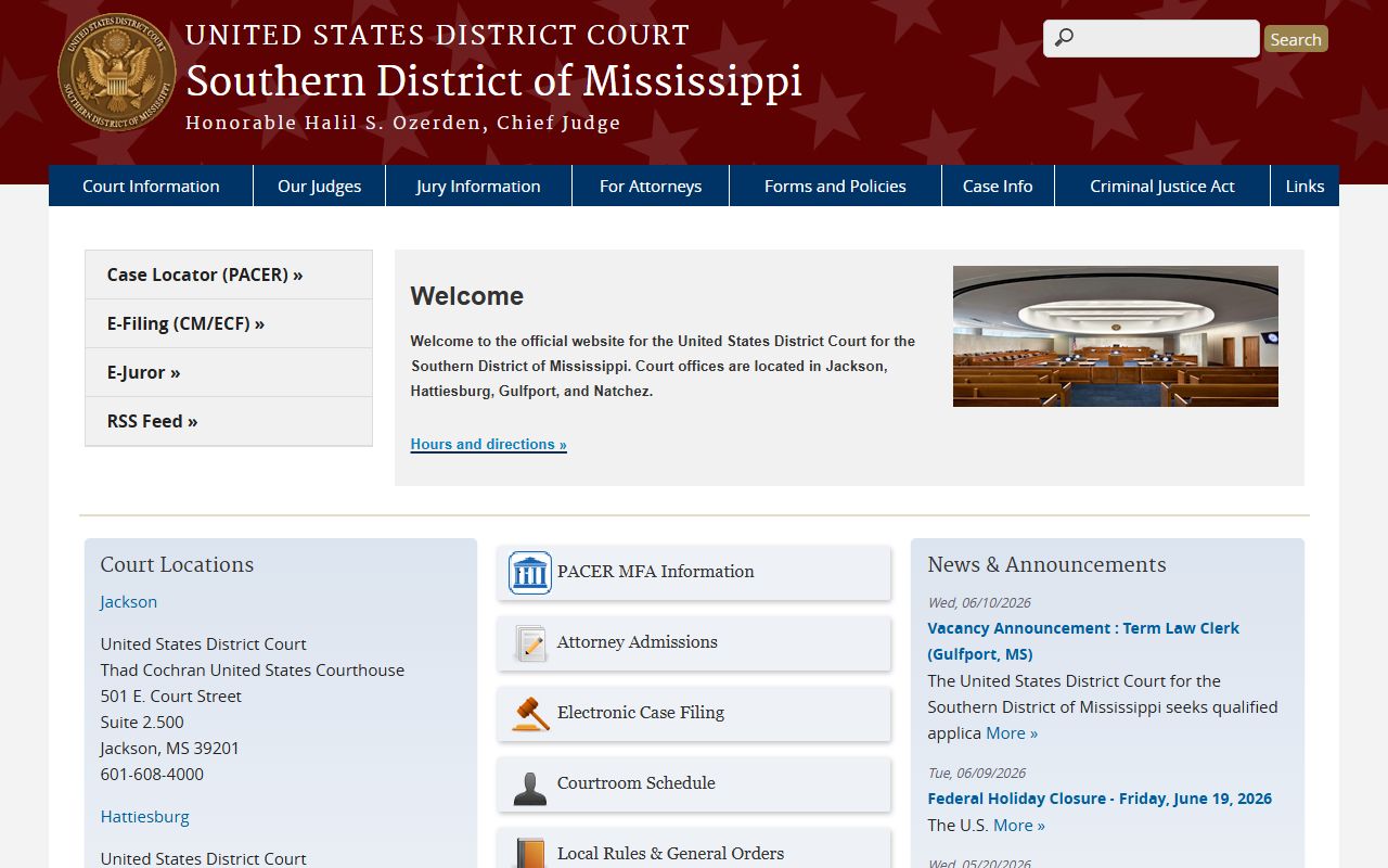 Wilkinson County federal court records gateway on the U.S. District Court for the Southern District of Mississippi homepage