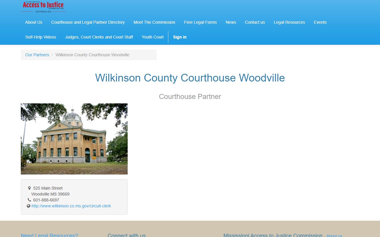 Mississippi Access to Justice page listing the Wilkinson County courthouse and court records contacts