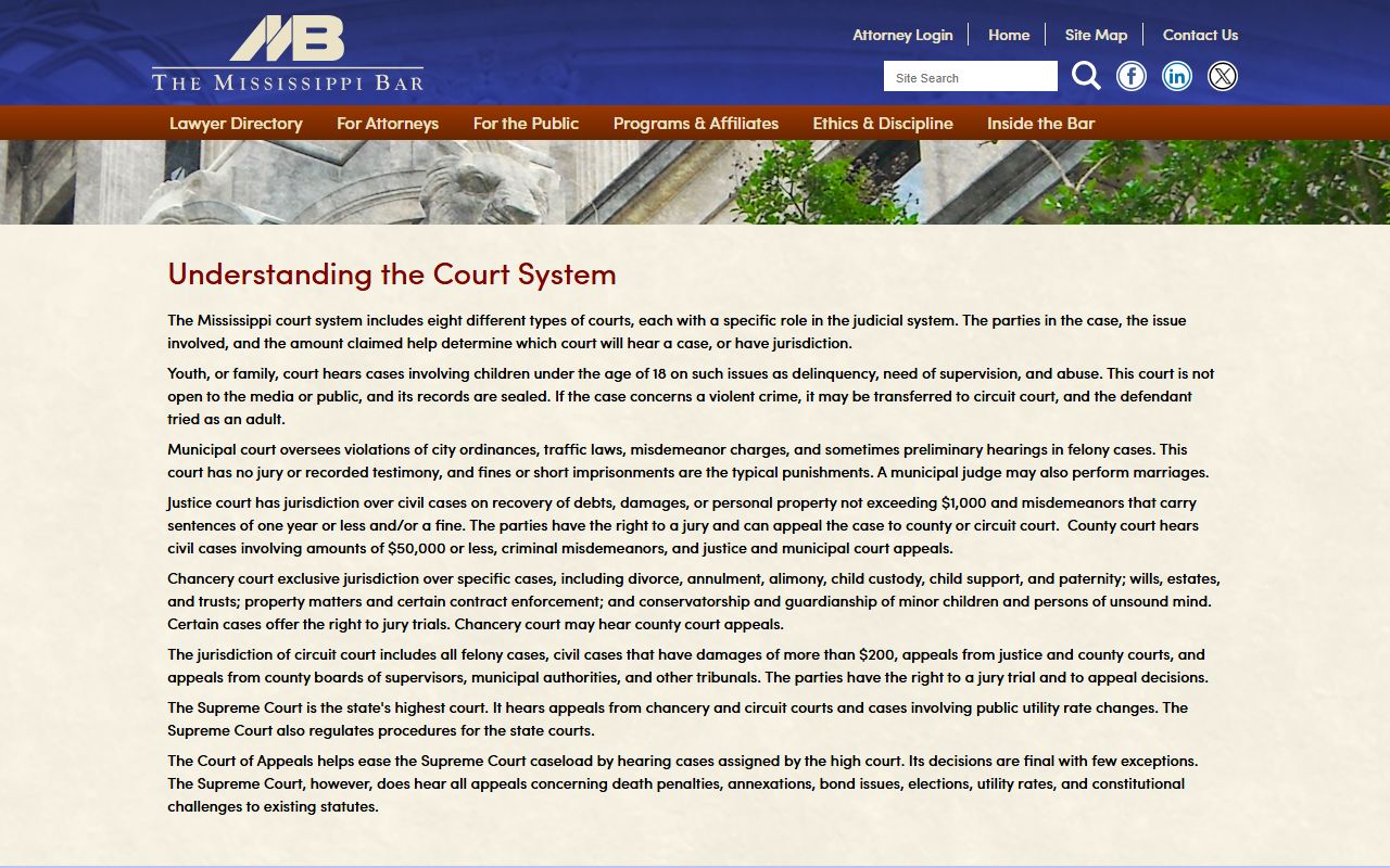 Mississippi Bar court system overview explaining Wilkinson County court structure