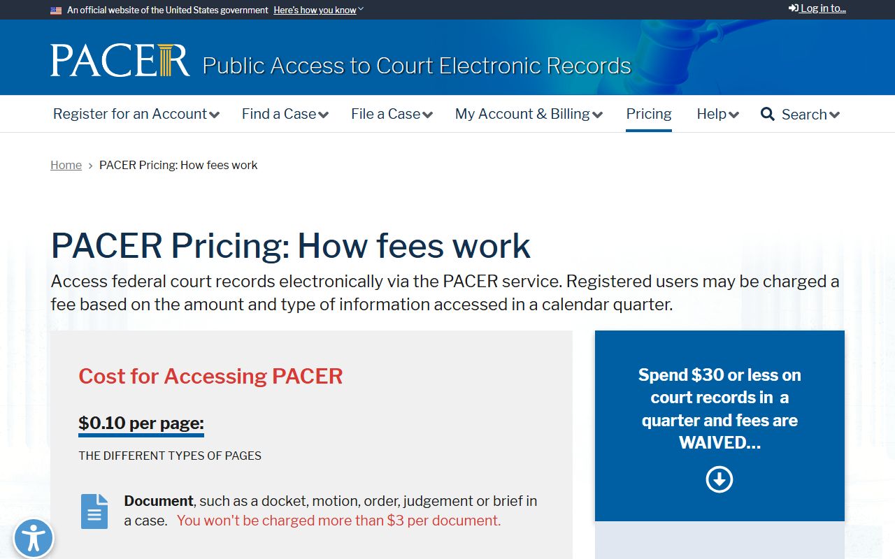 PACER pricing page explaining fees for Wilkinson County federal court records