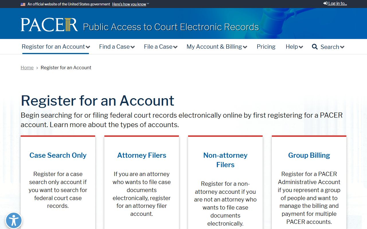 PACER registration page for accessing Wilkinson County federal court records