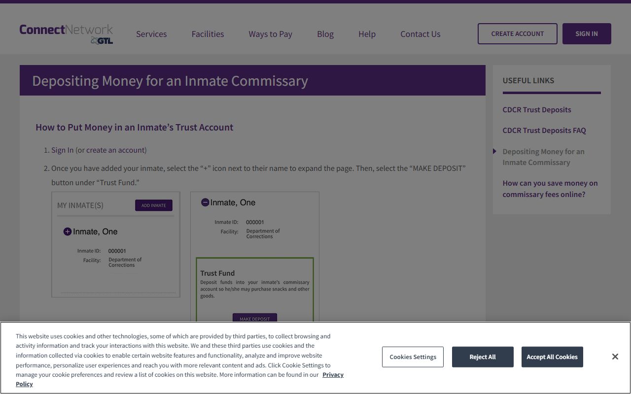 Wilkinson County inmate trust account deposit instructions on the ConnectNetwork page