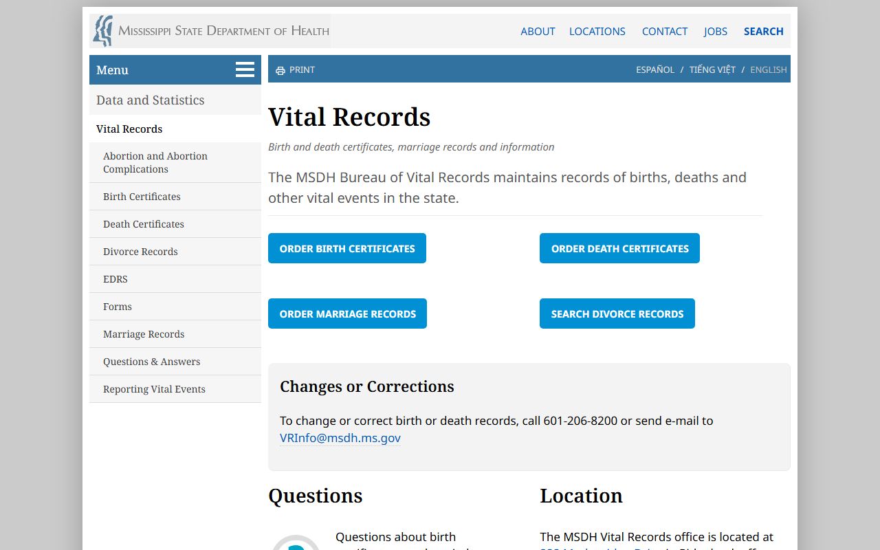 Wilkinson County marriage and divorce records resources on the Mississippi State Department of Health vital records page