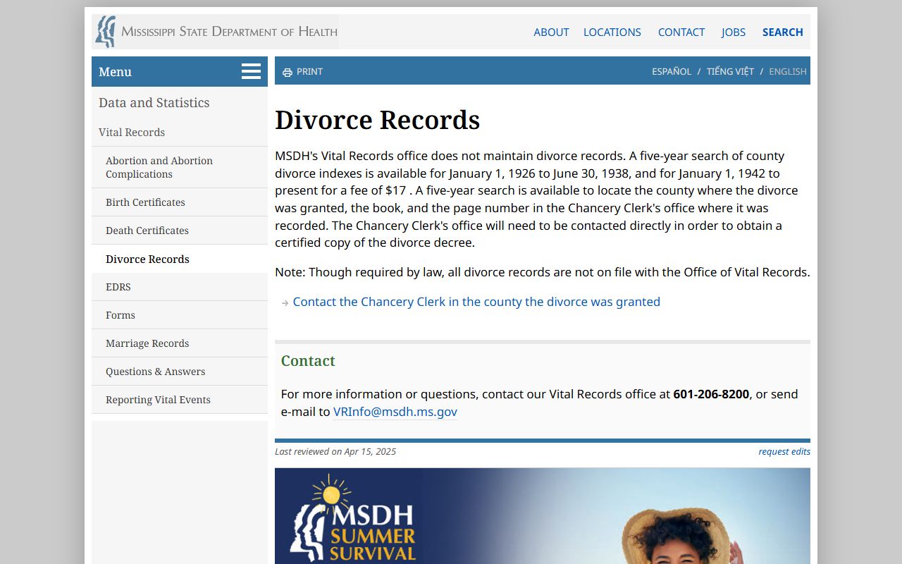 Wilkinson County divorce records index information on the Mississippi State Department of Health divorce records page