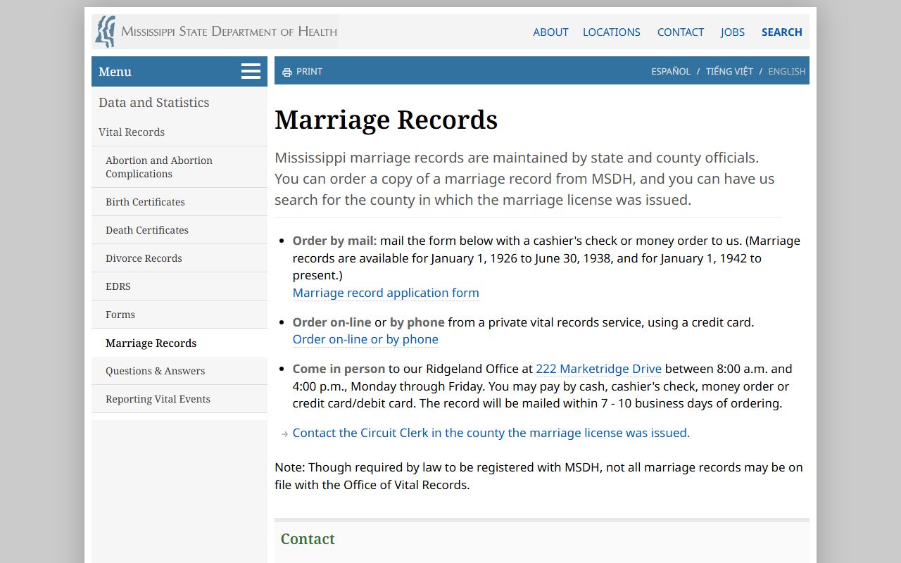 Wilkinson County marriage records lookup on the Mississippi State Department of Health marriage records page