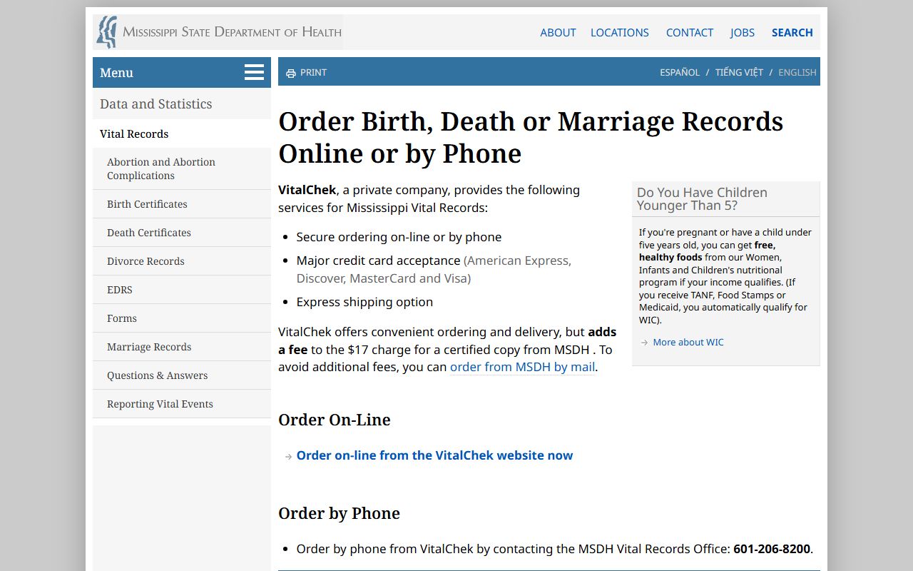 Wilkinson County marriage records ordering options on the Mississippi State Department of Health VitalChek ordering page