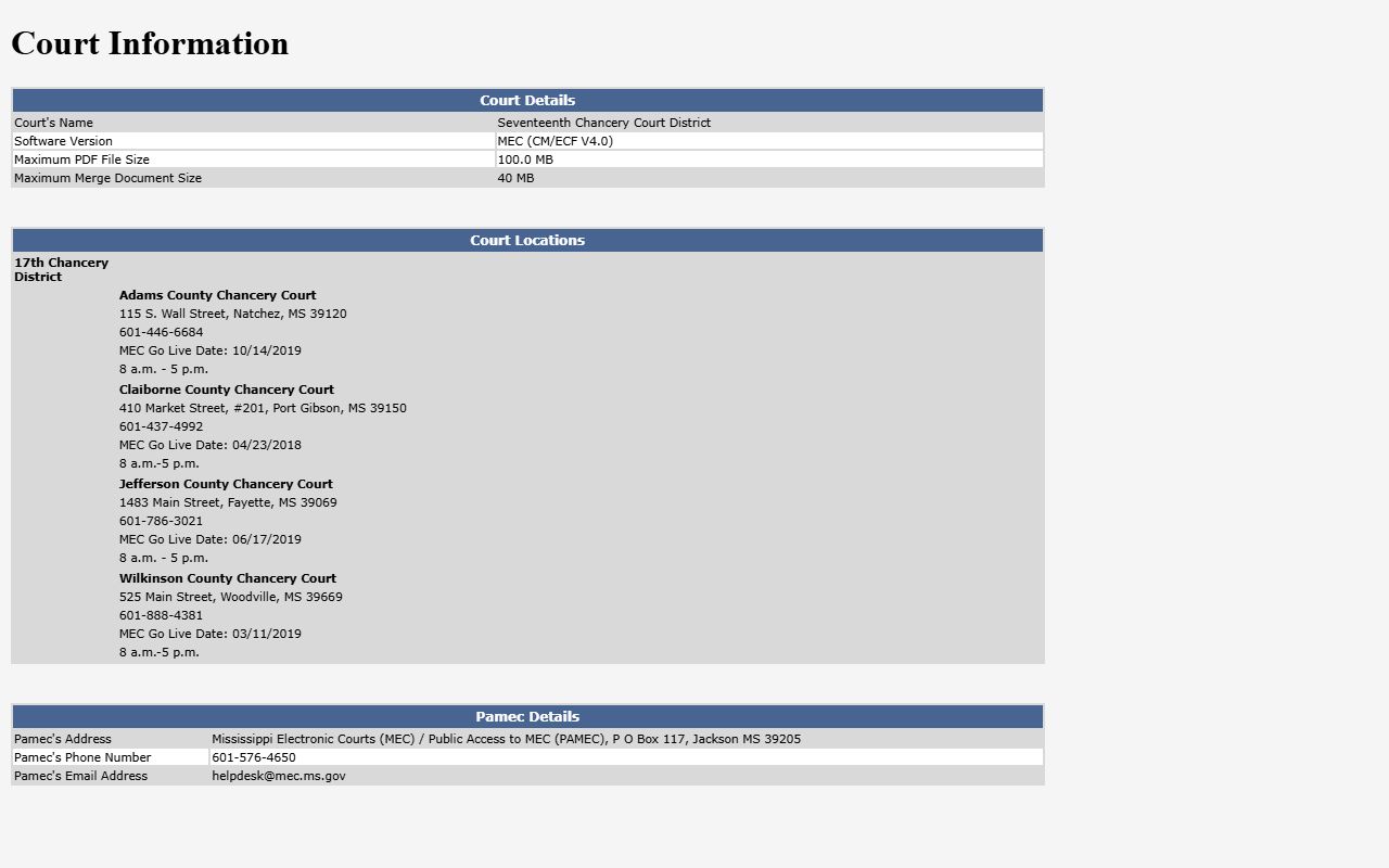 Wilkinson County probate records court information on the Seventeenth Chancery District MEC page