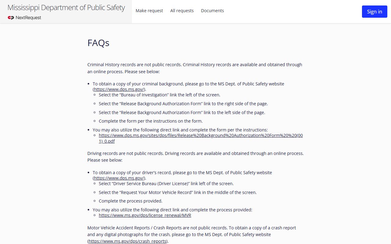 Wilkinson County traffic court records crash report guidance on the Mississippi DPS public records FAQ page